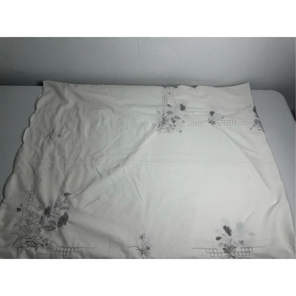 Vintage Embroidered Tablecloth White Gray Size 80” X 68” See Description
